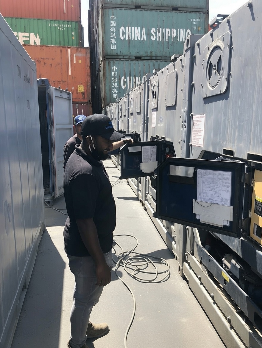 AquaCat team inspecting reefer compressors at Durban port